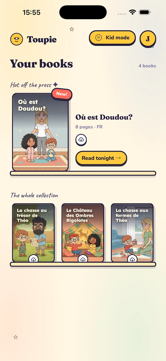 The Toupie app open on the library: the newest book featured, then the whole collection.