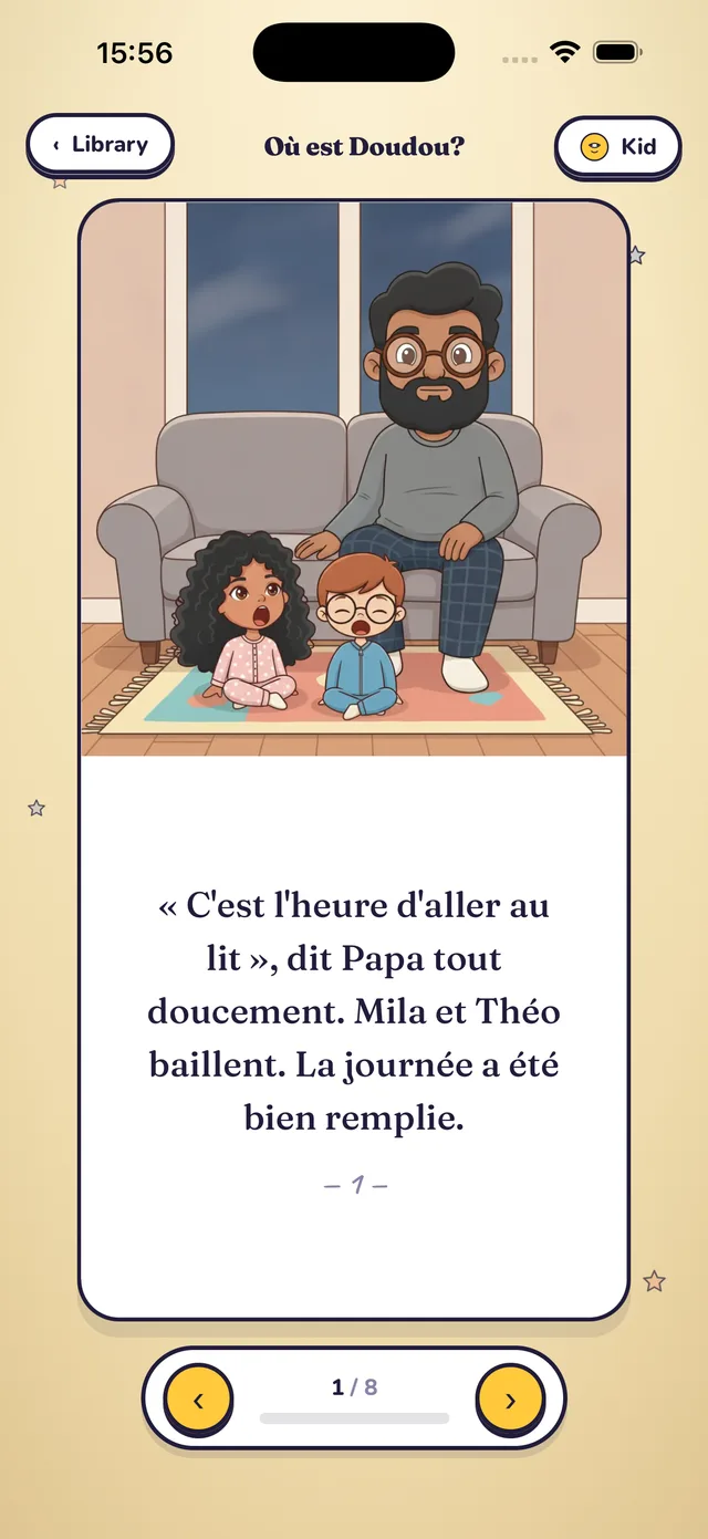 A book page in the app: illustration on top, story text below.