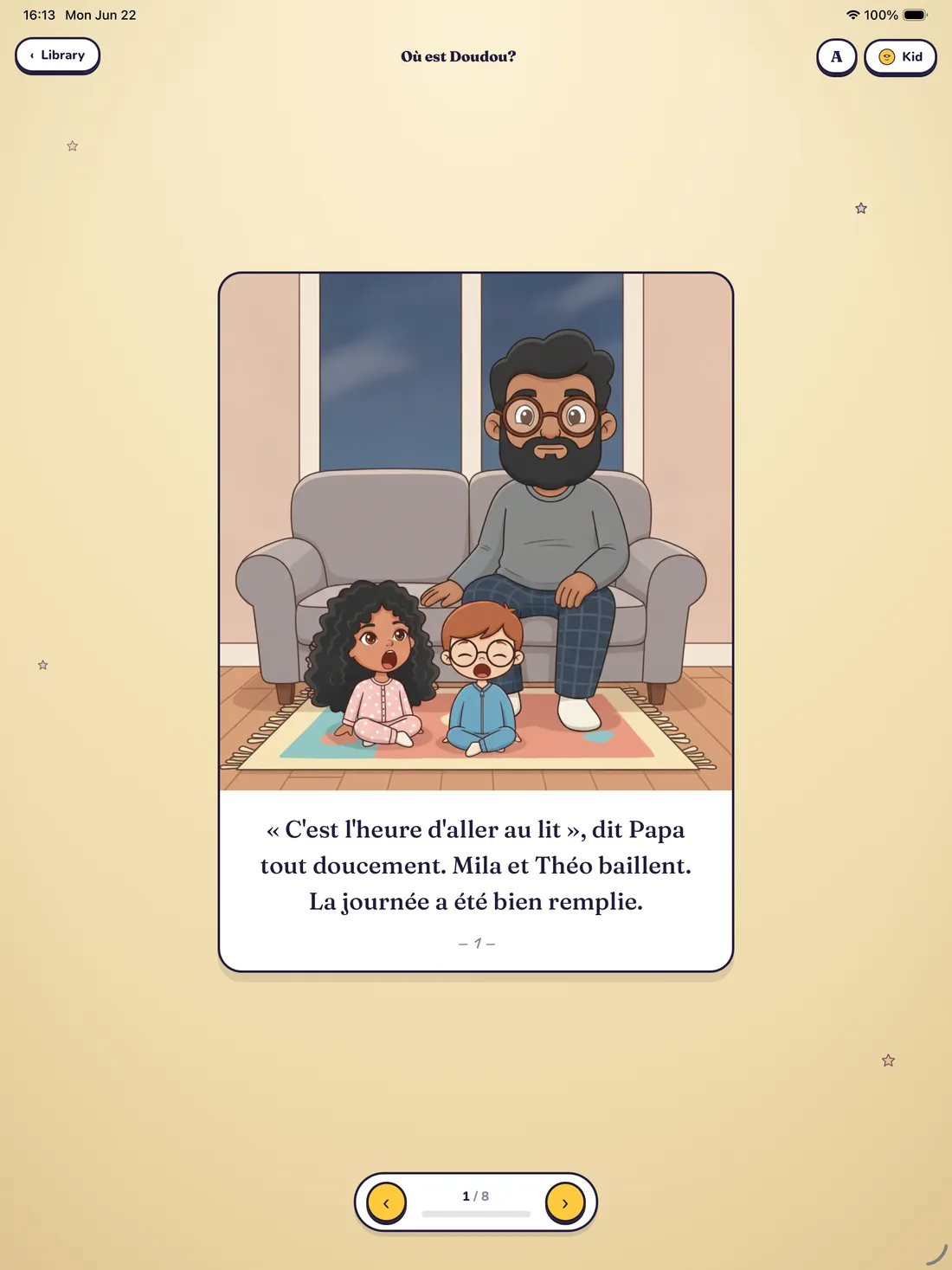 The Toupie app on a tablet, showing a book page full size.
