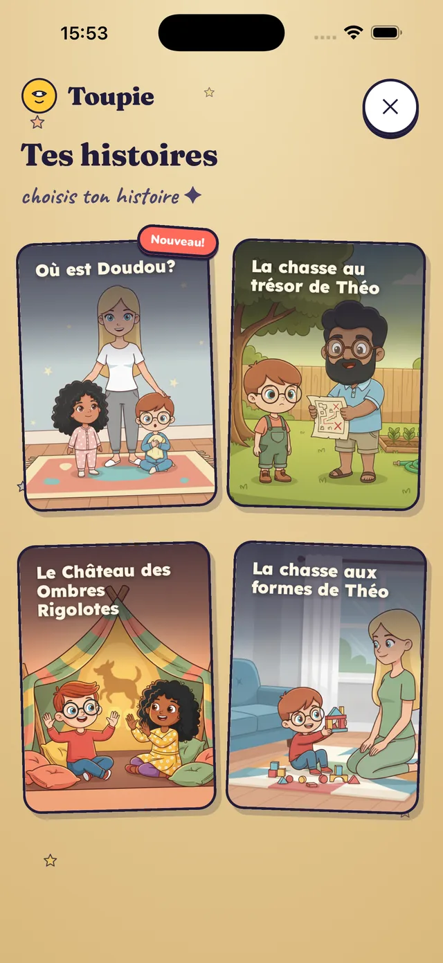 Le mode enfant : une grille de couvertures en plein écran, sans autre bouton.