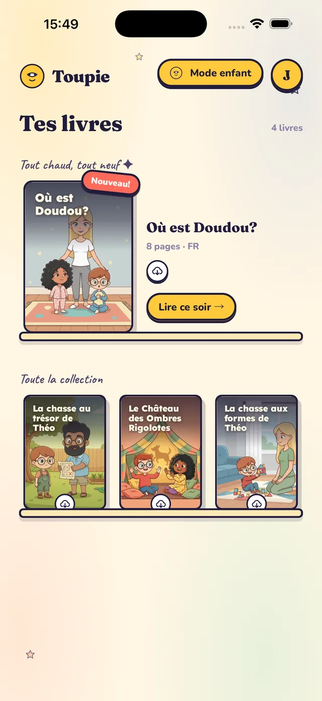 L'application Toupie ouverte sur la bibliothèque : le dernier livre en vedette, puis toute la collection.