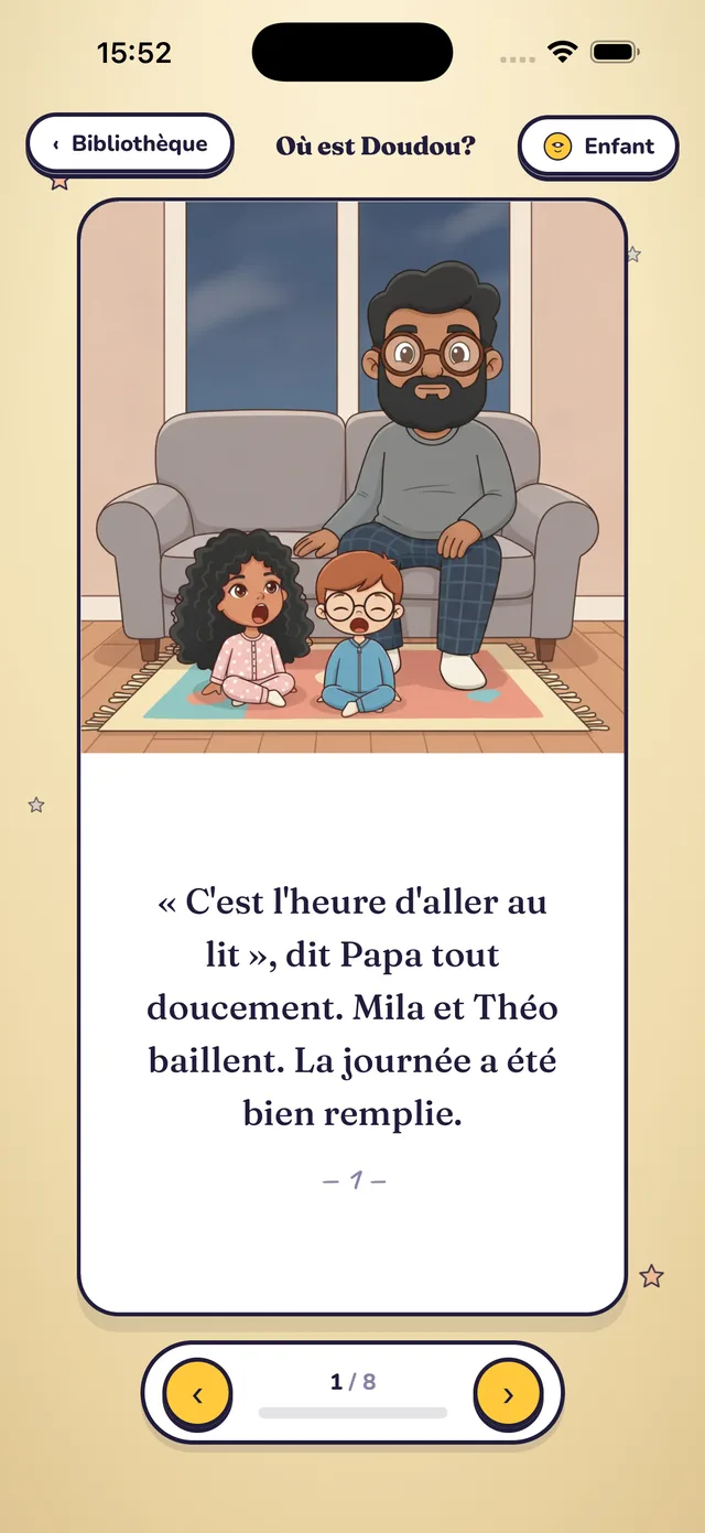 Une page de livre dans l'app : illustration en haut, texte de l'histoire en bas.