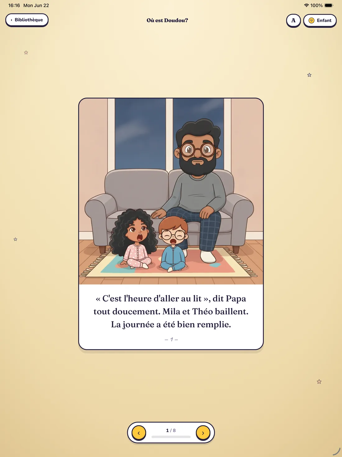 L'application Toupie sur une tablette, une page de livre en grand.