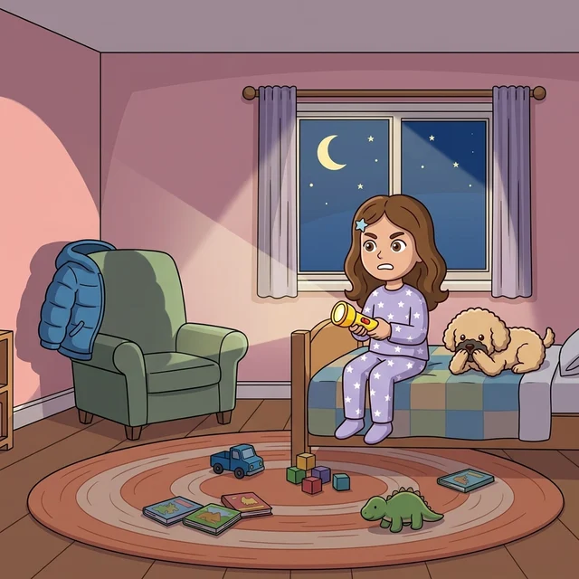 Assise au bord de son lit, Rosalie serre sa lampe de poche, l'air décidé. Sur le fauteuil, son manteau d'hiver bleu fait une ombre sur le mur. Biscuit se cache le museau sous les pattes.