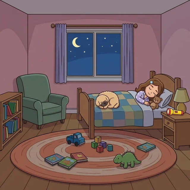 Rosalie dort sous sa couette avec un ourson, Biscuit roulé en boule sur le lit, la lampe de poche posée sur la table de chevet.