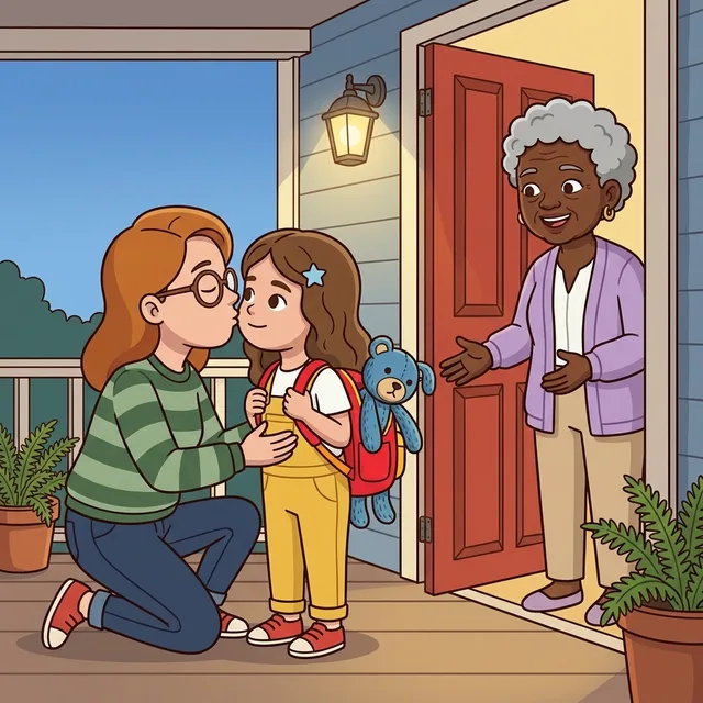 Sur le perron, Maman donne un bisou à Rosalie pendant que Grand-maman Ginette ouvre la porte.