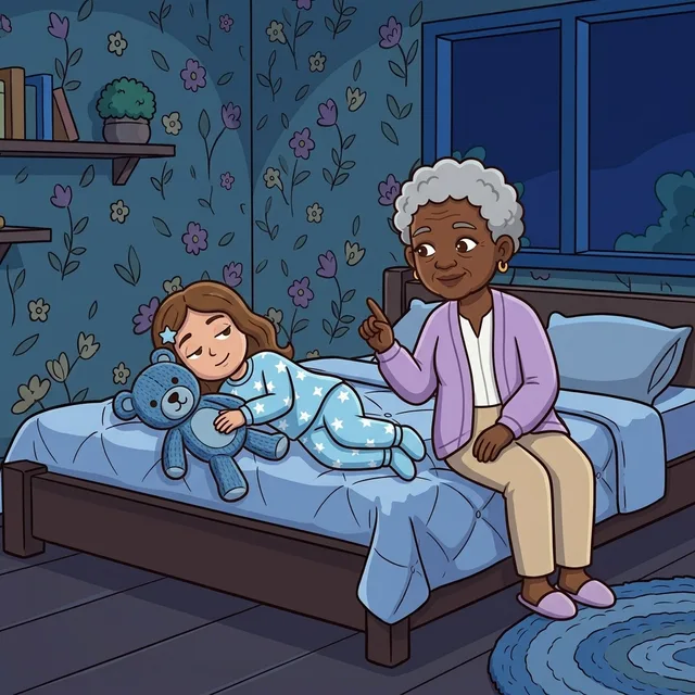 Grand-maman Ginette, assise au bord du lit, lève le doigt pour faire écouter un bruit à Rosalie, couchée avec son toutou.