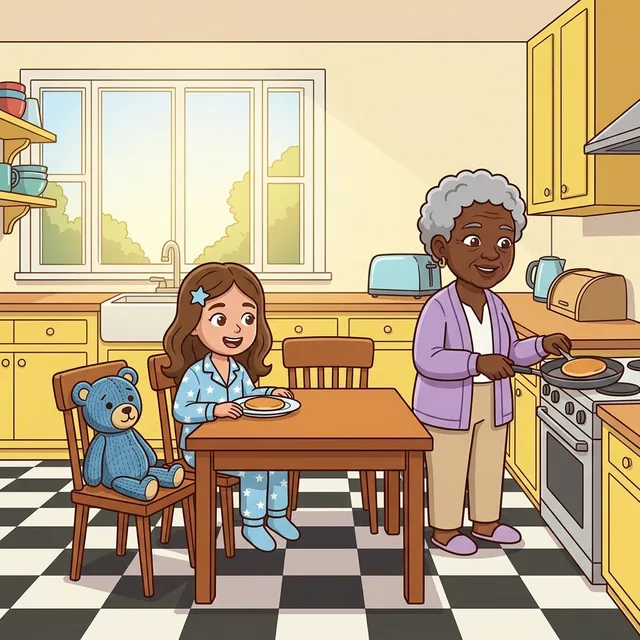 Le matin, Grand-maman Ginette fait des crêpes pendant que Rosalie mange à la table de la cuisine.